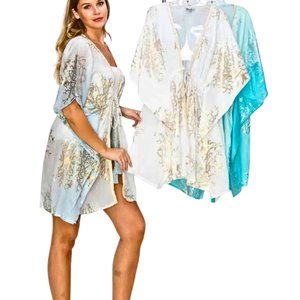 Womens Short White Kimono with Gold Motif, One Size, 100% Cotton, NWT